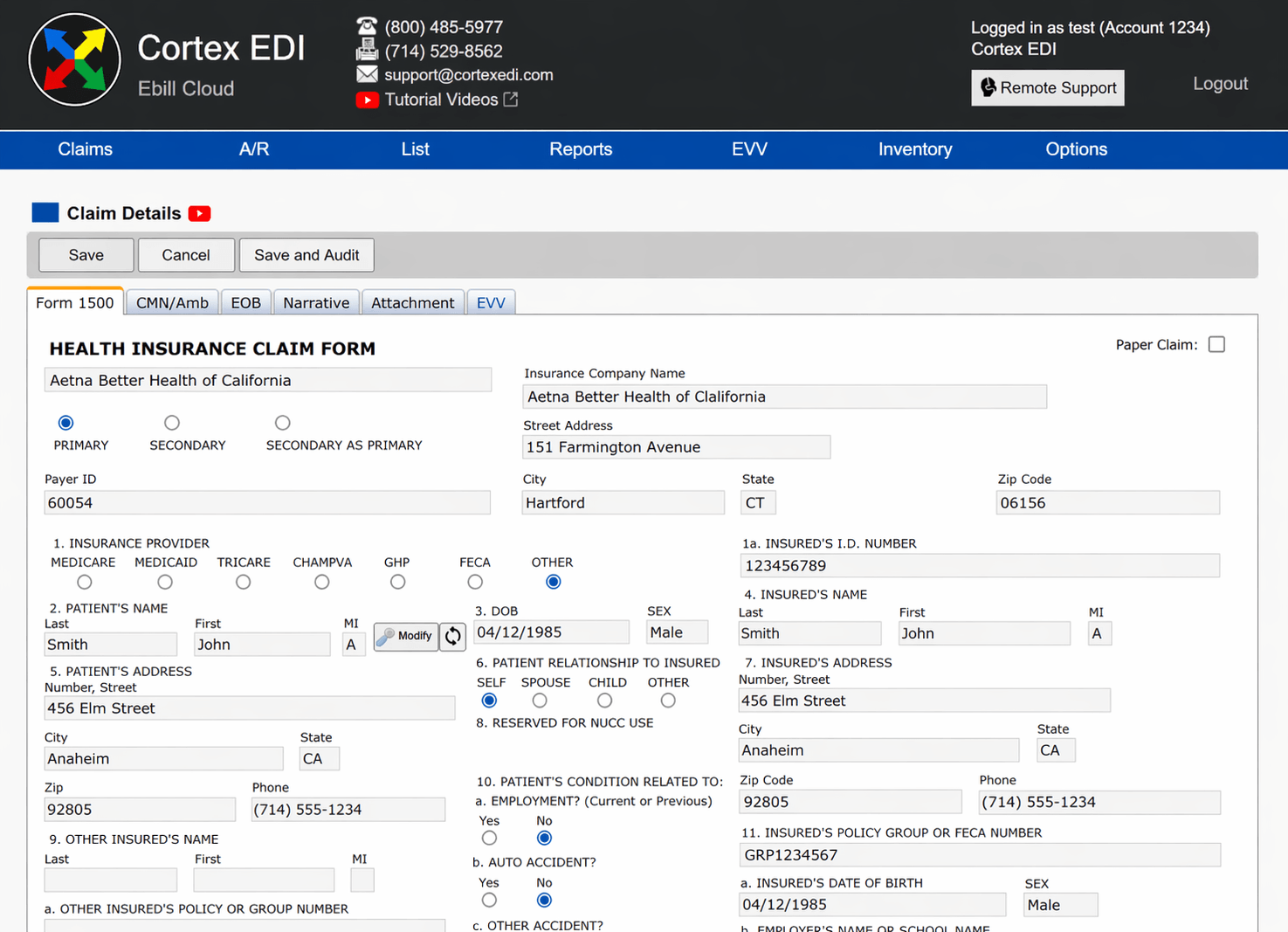 Electronic Biller claim form interface
