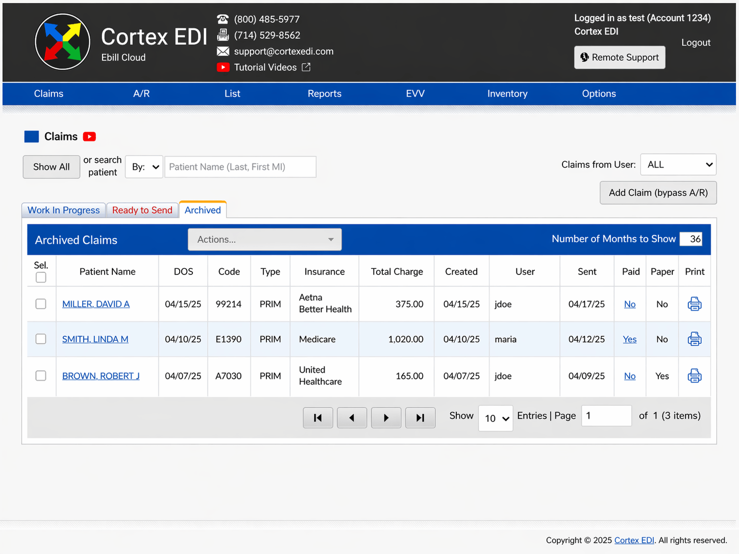 Claims screen in Electronic Biller