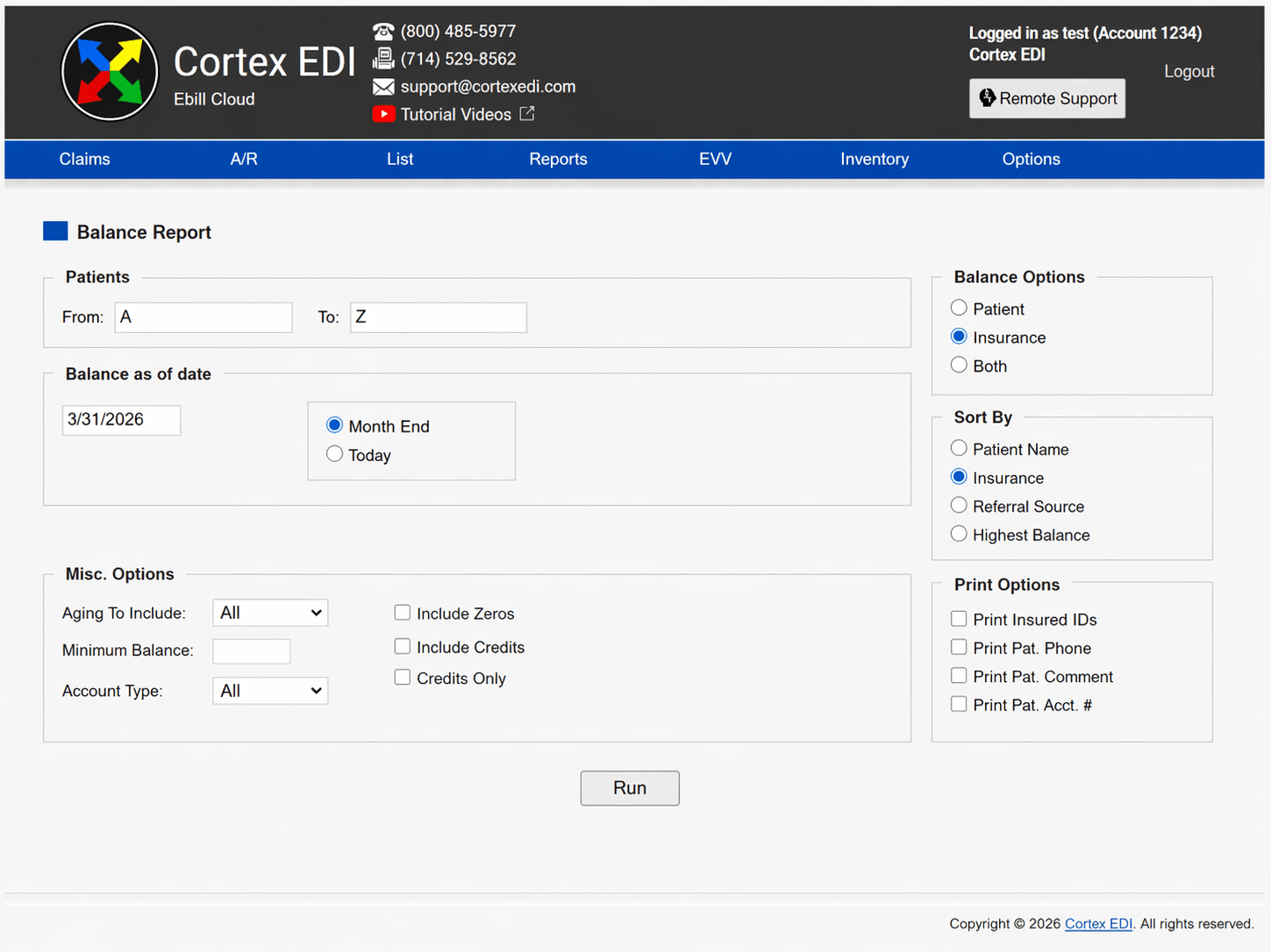 Balance report screen in Electronic Biller